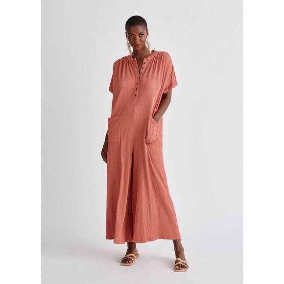 FP Beach Pants - Free People FP‎ Beach My Go To Jumpsuit Pink Short Sleeve Wide Leg Medium